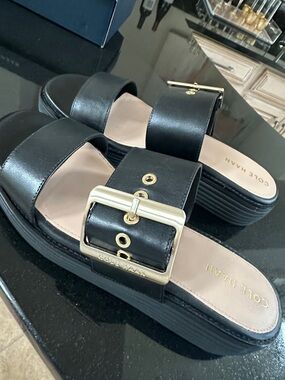 Cole Haan Black Slide Sandals with Gold Buckle